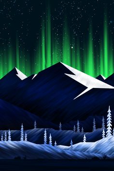 an illustration of the night sky with green and blue aurora bores in the background