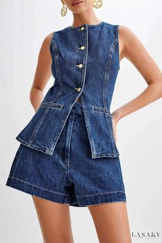 Lasaky - Easy-Care, Two-Piece Outfit with V-Neck and No Sleeves Moda Denim, Chic Aesthetic, Denim Patterns, Elegante Casual, Princess Seams, Denim Shorts Women, High Waisted Shorts Denim, Denim Overalls, Short En Jean