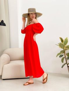 🌷Long empire waist maxi linen women's dress in red color with puff sleeves. You will be delighted with this soft linen dress. MORE dresses: https://www.etsy.com/shop/ArtVyshyvankaUA?ref=seller-platform-mcnav&section_id=50709669 ----------------------------------------------------------------------------------------------------- Fabric: linen  Dress length 120cm / 47.2" ----------------------------------------------------------------------------------------------------- Delivery time after shipp Red Maxi Dress With Straight Neckline For Summer, Solid Puff Sleeve Maxi Dress For Summer, Red Off-shoulder Midi Dress For Summer, Summer Off-shoulder Linen Dress, Red Puff Sleeve Midi Dress For Summer, Red Midi Dress With Straight Neckline For Summer, Solid Color Maxi Dress With Straight Neckline For Summer, Solid Maxi Dress With Straight Neckline For Summer, Red Casual Puff Sleeve Dress For Summer