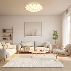 a living room filled with furniture and a white rug