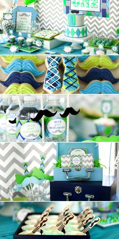 a blue and green dessert table with mustaches