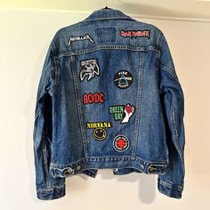 This Is A One-Of-A-Kind, Vintage Levi's Trucker Jacket With Iconic Band Patches - Only Worn Once Or Twice, Almost Brand New Condition With No Flaws. I Had A Friend Who Worked At Levi's Headquarters Make This For Me A Couple Of Years Ago. Now That I'm Out Of My Band Phase, I Would Love To Share It With Someone Else Who Will Adore It As Much As I Did. Although It Is A Size Small, This Jacket Runs Very Big -- I Would Say It Fits More Like A Large. Lives In A Non-Smoking Household And Is Ready To Sh Patch Denim Jacket Outfit, Casual Graphic Print Outerwear For Concerts, Cotton Grunge Outerwear For Concerts, Fall Concert Outerwear With Graphic Print, Graphic Print Outerwear For Concert In Fall, Graphic Print Outerwear For Fall Concert, Blue Punk Outerwear For Fall, Trendy Levi's Streetwear Outerwear, Casual Spring Outerwear For Concerts