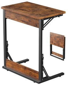 a wooden desk with metal legs and a shelf