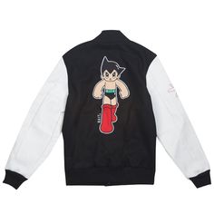 BAIT x Astro Boy Men Step Varsity Jacket (black / white) White Varsity Outerwear For Streetwear, White Varsity Track Jacket For Winter, White Sporty Sport Coat For Streetwear, Urban Style White Outerwear For College, White Varsity Jacket For Streetwear, White Varsity Jacket For Winter Sports, White Urban Track Jacket For Streetwear, White Winter Varsity Jacket For Sports, White Sport Coat For Fall Streetwear