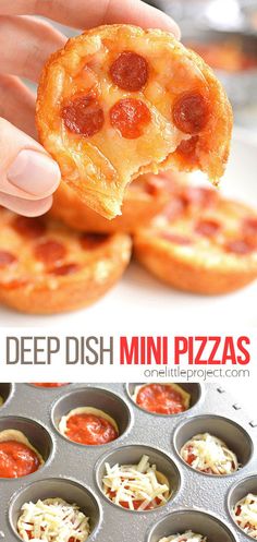 mini pizzas with pepperoni and cheese are being held up by a person's hand