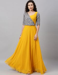 Designer Party Wear Readymade Long Dress Yellow Georgette Pant Dress Front View Festive Sleeveless Spring Gown, Fitted Floor-length Dress For Festive Occasions, Fitted Floor-length Dress For Festive Season, Yellow Fitted Dress For Fancy Dress, Yellow Fitted Dress For Formal Occasions, Yellow Fitted Fancy Dress, Yellow Short Sleeve Party Set, Fitted Summer Dress For Celebrations, Yellow Maxi Length Party Sets