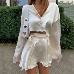 Lasaky - Chic Satin-Like Long Sleeve Short Skirt Casual Loose Fit Two-Piece Set Mini Pencil Skirt Outfits, Satin Two Piece Set, Khaki Tops, Pencil Skirt Outfits, Chic Skirts, Mini Pencil Skirt, Satin Long Sleeve, Mode Inspo, Looks Chic