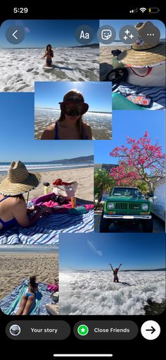 a collage of photos showing people on the beach