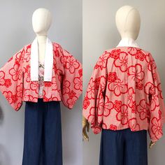 Vintage Japanese hip length red kimono.  Soft cotton, lined in cotton and silk.  The fabric has a nice drape and flows nicely. apparent alteration - a white collar has been stitched over the original collar. There are a number of stains minor thread pulls throughout the kimono including stains on the inside lining.  The bold red floral pattern does well to hide the marks. *The flaws have been taken into account and priced accordingly please check all photos.*  *Measurements are taken from the ba Red Vintage Kimono For Spring, Red Summer Outerwear With Kimono Sleeves, Red Long Sleeve Kimono For Spring, Red Kimono Sleeve Outerwear For Spring, Vintage Red Kimono For Tea Ceremony, Red Outerwear With Kimono Sleeves For Spring, Spring Cotton Kimono For Tea Ceremony, Vintage Cotton Kimono For Spring, Vintage Red Cotton Kimono