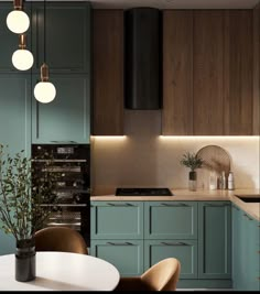 a kitchen with green cabinets and white counter tops, lights above the stove and sink