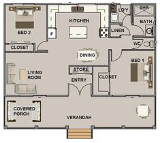 the floor plan for a two bedroom apartment with an attached kitchen, living room and dining area