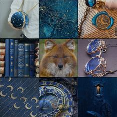 a collage of blue and gold items including books, necklaces, earrings, and rings