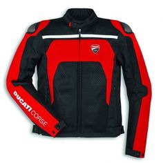 a red and black motorcycle jacket with the words ducoste on it's chest