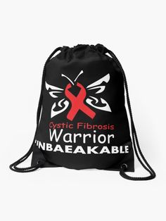 a black drawsack bag with red ribbon on the front and words that read, mystic fibrosis warrior inbakable