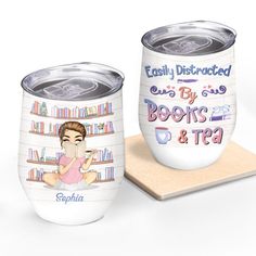 two personalized coffee mugs with books and tea on the bottom one has a girl reading