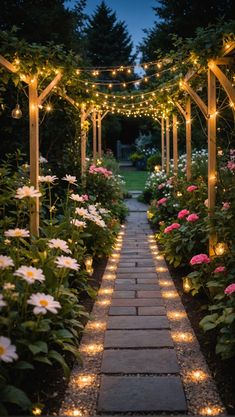 an outdoor walkway with lights strung over it and flowers in the foreground, surrounded by greenery