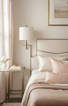 a bed with pink sheets and pillows next to a painting on the wall in a bedroom