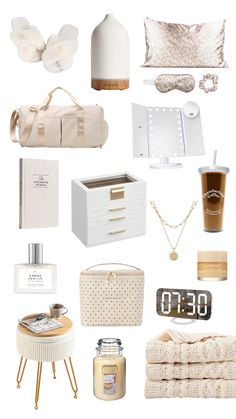 a collage of white items including candles, perfume bottles, and other things on display