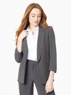 You can find the Notch Collar Rolled Cuff Bi-Stretch Blazer in Grey at Jones New York, today. Free shipping on all orders $90 and up. Women's Suits, Notch Collar, Work Wardrobe, Notched Collar, Plus Size Jeans, Jones New York, Jeans For Sale, American Style, Stretchy Material