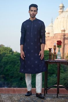 Deep navy blue cotton silk kurta with floral and mirror embroidered motifs. - Aza Fashions Kurta Men, Embroidered Motifs, Deep Navy Blue, Silk Kurta, Embroidered Silk, Mandarin Collar, Cotton Silk, Roll Up, Aza Fashion