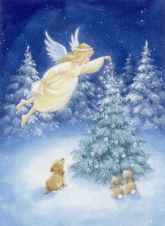 an angel flying over a christmas tree with teddy bears in the snow next to it