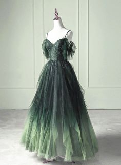 Dark Green Beaded Straps Tulle Layers Long Party Dress, Green Formal D - dreamydressprom Formal Dress Green, Prom Dress Green, Green Formal Dresses, Long Formal Dress, Green Gradient, Color Rush, Prom Dress Inspiration, Pretty Prom Dresses, Fairytale Dress