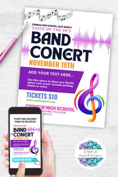 band concert, neon 80s 90s, throwback theme music flyers Band Flyer