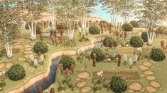 an artist's rendering of a garden with trees and flowers