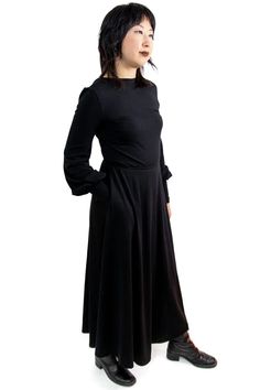 PRESALE: Please allow  2 - 3 weeks for production We took our bestselling Bishop Sleeve Tunic as inspiration for this beautiful maxi dress, with POCKETS! Featuring an elegant low back and high neckline in the front, and five glittering black buttons on each long cuff. Two side seam pockets mean this dress is as practic Belt Hook, American Gothic, Beautiful Maxi Dresses, Tencel Fabric, Bishop Sleeve, Waist Cincher, Sleeve Maxi Dress, Maxi Dress With Sleeves, Black Button