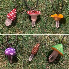 four different colored mushrooms are on the grass