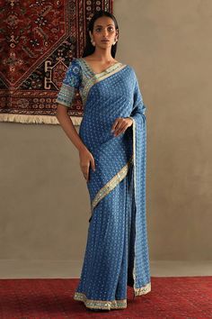 Blue silk saree featuring all over bandhani prints highlighted by sequin embellishments and mirrorwork border. Comes with unstitched blouse fabric. - Aza Fashions Textile Motifs, Blue Silk Saree, Ritu Kumar, Sarees Silk, Print Saree, Printed Sarees, Blue Silk, Blouse Fabric, Blouse Piece