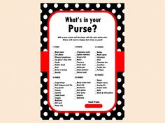 what's in your purse? poster with polka dots on black and white background