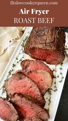 air fryer roast beef on a plate with herbs