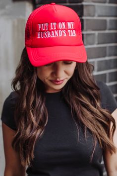 You'll be wearing this trucker hat on repeat! Our newest red trucker hat is a funny nudge at all the wonderful hubby's out there! Red Trucker Hat With Letter Print, Red Letter Print Snapback Trucker Hat, Fun Red Trucker Hat, Novelty Red Trucker Hat, Red Trucker Snapback Hat, Fun Red Snapback Trucker Hat, Red Snapback Trucker Hat, Red 5-panel Hat With Letter Print, Red 5-panel Trucker Hat