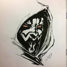 a drawing of darth vader with red eyes