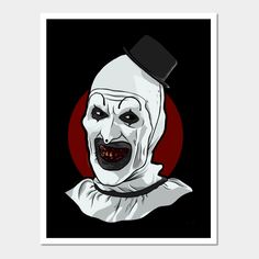 a creepy clown with a top hat on it's head and red circle in the background