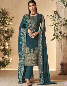 contemporary teal pure cambric cotton traditional function wear readymade suit collection with teal cotton solid rt8785-184150 Front View Suit Collection, Cotton Bottoms, Day Work, Care Instructions, Pure Products, Fabric, How To Wear, Clothes, Color