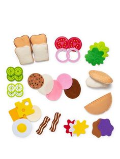 an assortment of food items are shown on a white surface