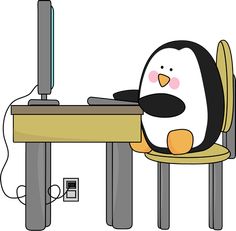 a penguin sitting at a desk with a computer on it