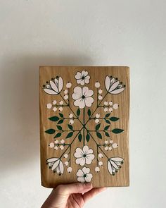 Oak hand painted folk panel Furniture Flower Painting, Scandinavian Folk Home Decor, Artsy Painted Furniture, Wall Stamps Painting, Folk Art Daisy, Flower Painting On Furniture, Hand Painted Floral Designs, Paint Flowers On Wood, Folk Art Doorway