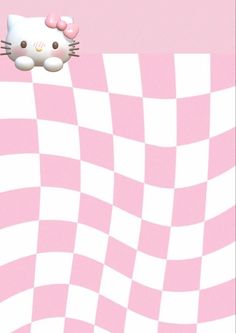 a pink and white checkered wallpaper with a hello kitty face on the top