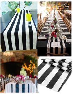 black and white striped table cloths with flowers on them are featured in this collage