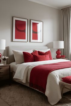 a red and white bedroom with two paintings on the wall