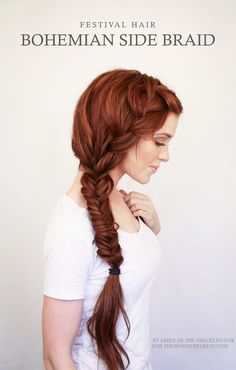 Bohemian Side Braid Festival Hair Tutorial - Wonder Forest Festival Hair Tutorial, Fishtail Braids, Fishtail Braid, Copper Hair Color, Nails French, Festival Hair, Side Braid