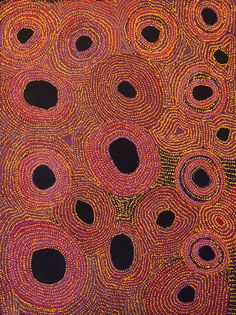 an abstract painting with circles and dots in red, black and orange colors on a black background