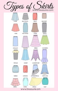 the types of skirts for women in different colors and sizes, with text overlaying them