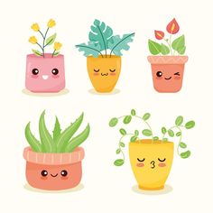 four potted plants with faces and eyes, one is smiling while the other has closed eyes