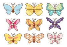 six different colored butterflies on a white background