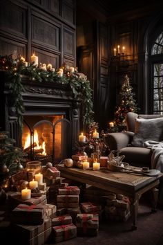 a living room decorated for christmas with presents and candles