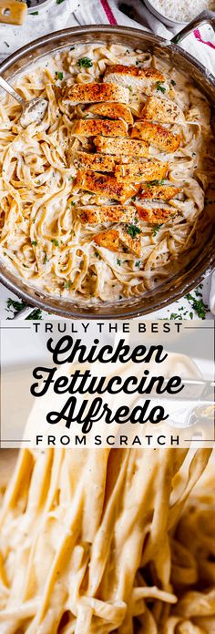 the best chicken fettuccine alfredo from scratch is served in a casserole dish